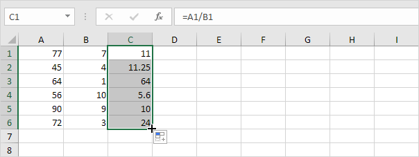 Dividir números en una columna por números en otra columna