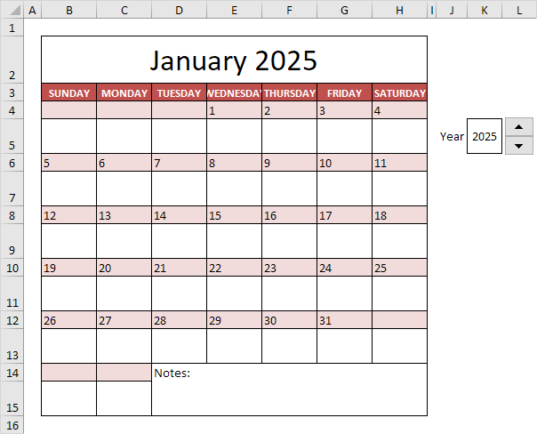 Calendario Excel 2025
