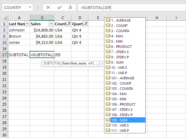 Primer argumento de la función subtotal en Excel