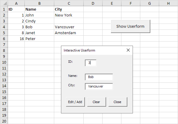 Formulario de usuario interactivo de Excel VBA