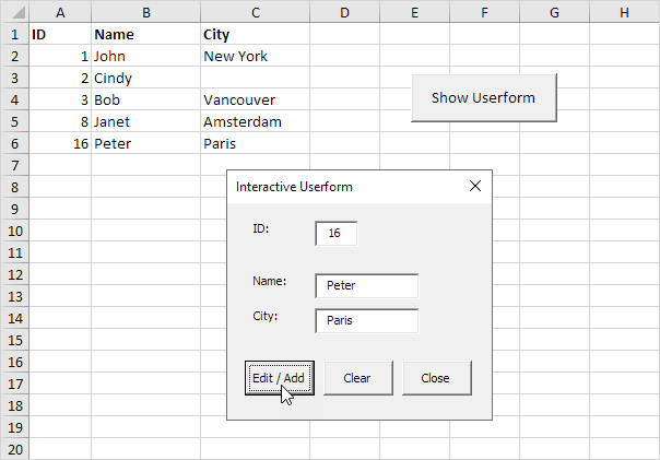 Formulario de usuario interactivo de Excel VBA
