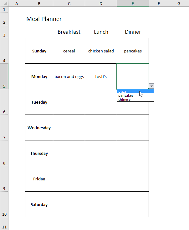 Planificador de comidas en Excel