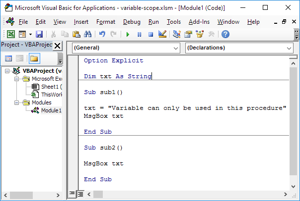 Alcance del nivel del módulo en Excel VBA
