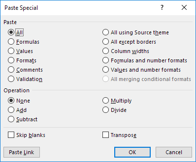 Pegar cuadro de diálogo especial en Excel