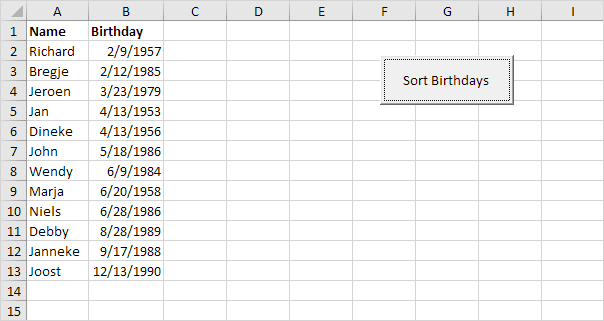 Ordenar cumpleaños en Excel VBA