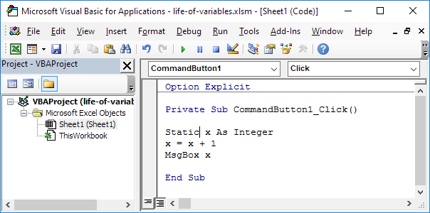 Palabra clave estática en Excel VBA