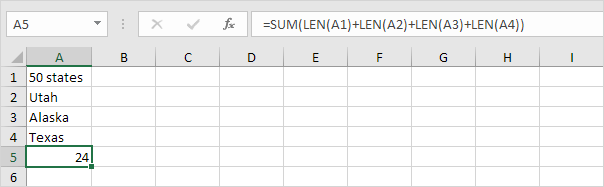 Función de suma y len en Excel
