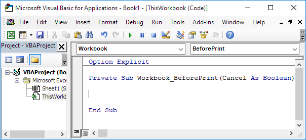 Libro de trabajo BeforePrint Event en Excel VBA