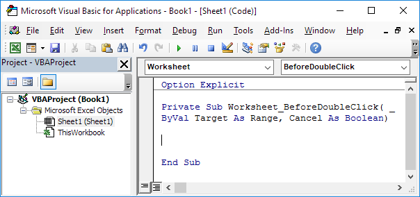 Hoja de trabajo antes del evento de DoubleClick en Excel VBA